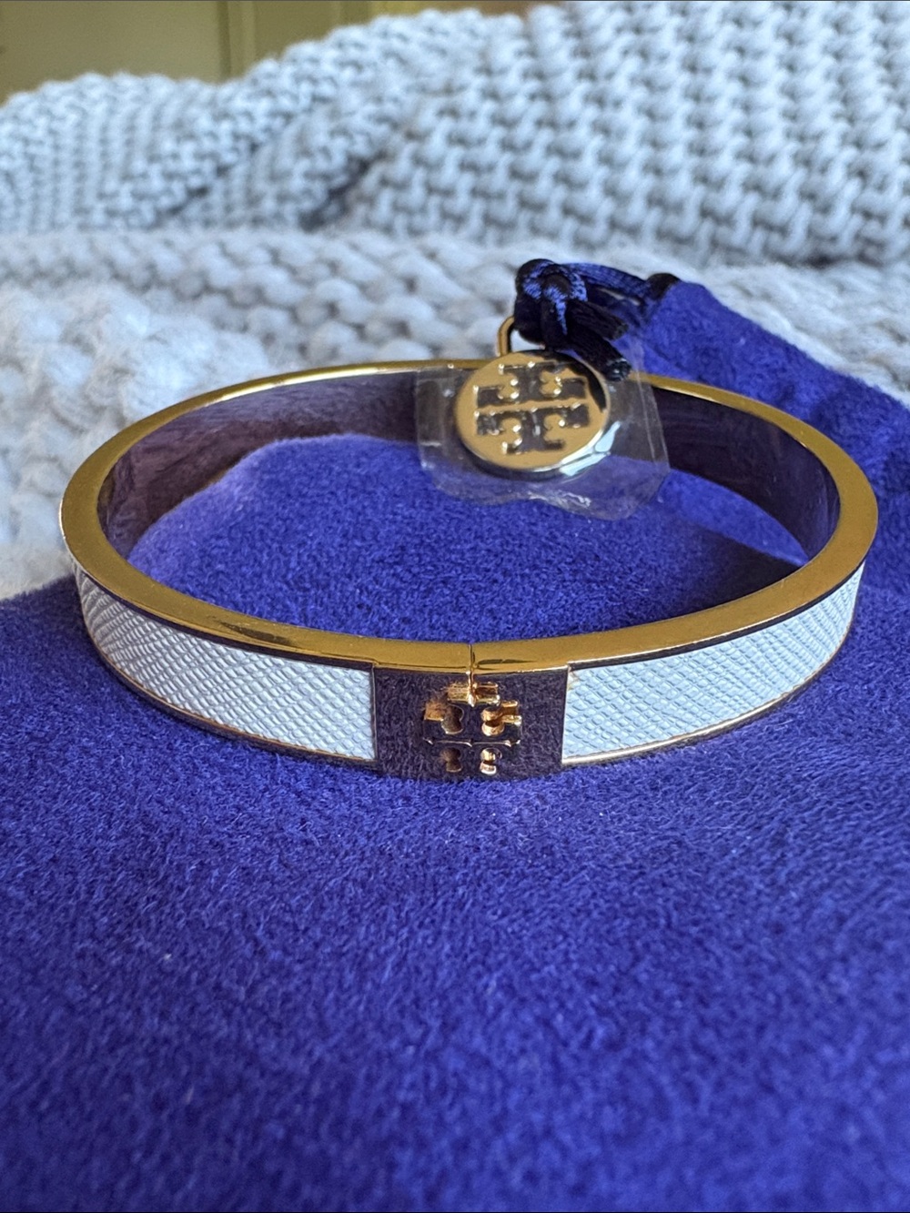 Tory Burch White Textured Inlay Gold Logo Bangle
